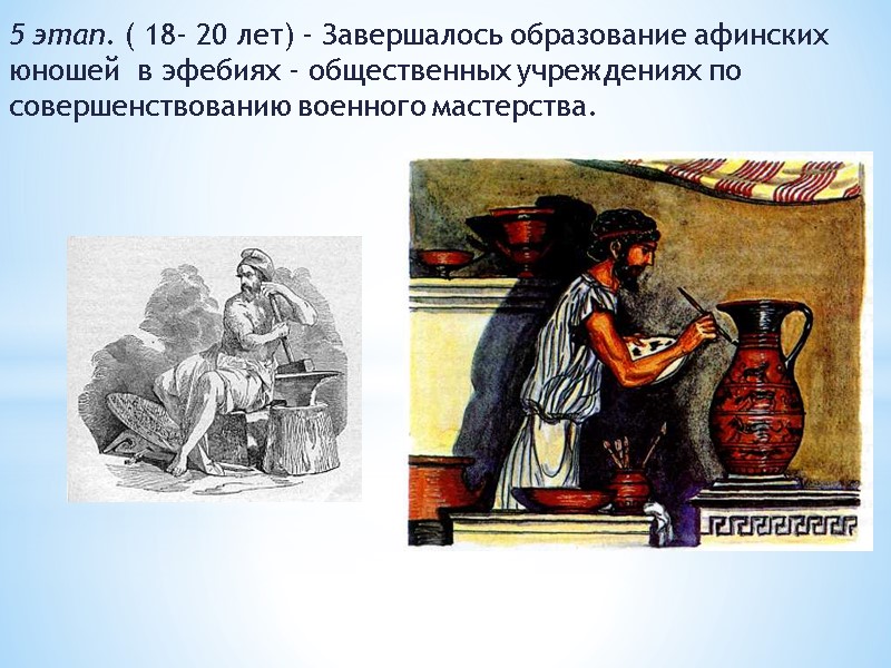 5 этап. ( 18- 20 лет) - Завершалось образование афинских юношей  в эфебиях